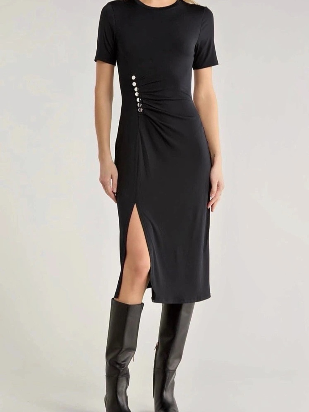 Derek Lam 10 Crosby Lucille Pleated Stud Dress Black Midi Dress